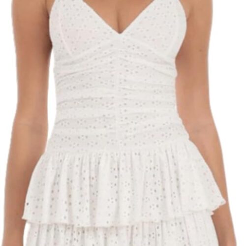 Women's Deep V Neck Spaghetti Strap Casual Tiered Mini Dresses Summer Layer Ruffle Hem Short Dress