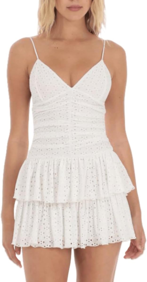 Women's Deep V Neck Spaghetti Strap Casual Tiered Mini Dresses Summer Layer Ruffle Hem Short Dress