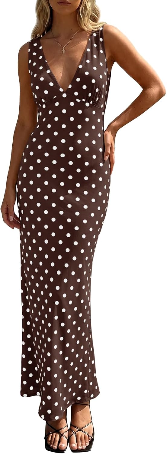 Womens Summer Polka Dot Maxi Dress Mesh Wedding Guest Bodycon Sexy V Neck Sleeveless Party Dresses