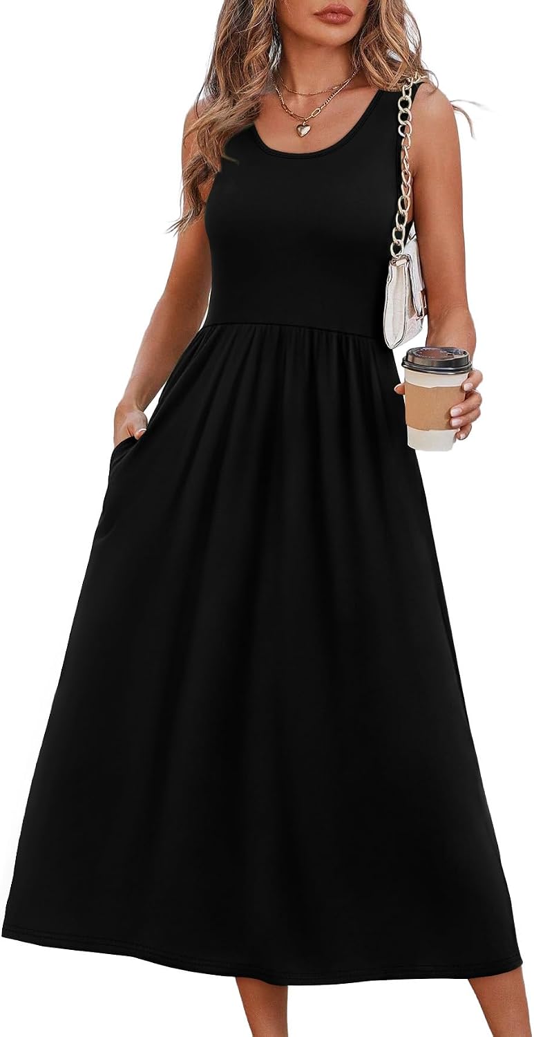 Summer Dresses for Women Flowy Casual Midi Dress Beach Vacation Sundresses with Pockets