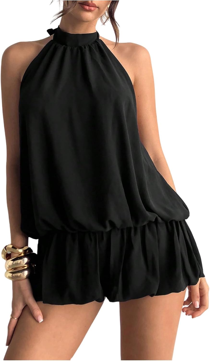 Women's Y2k Summer Halter Dress Tie Open Back Sleeveless Ruffle Hem Bubble Going Out Mini Dresses