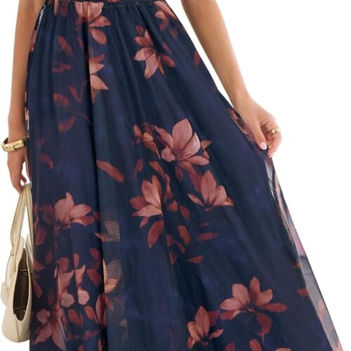 Womens Summer Floral Maxi Dress A Line Tulle Elegant for Wedding Guest and Beach Vacation Flowy Casual Boho Outfits