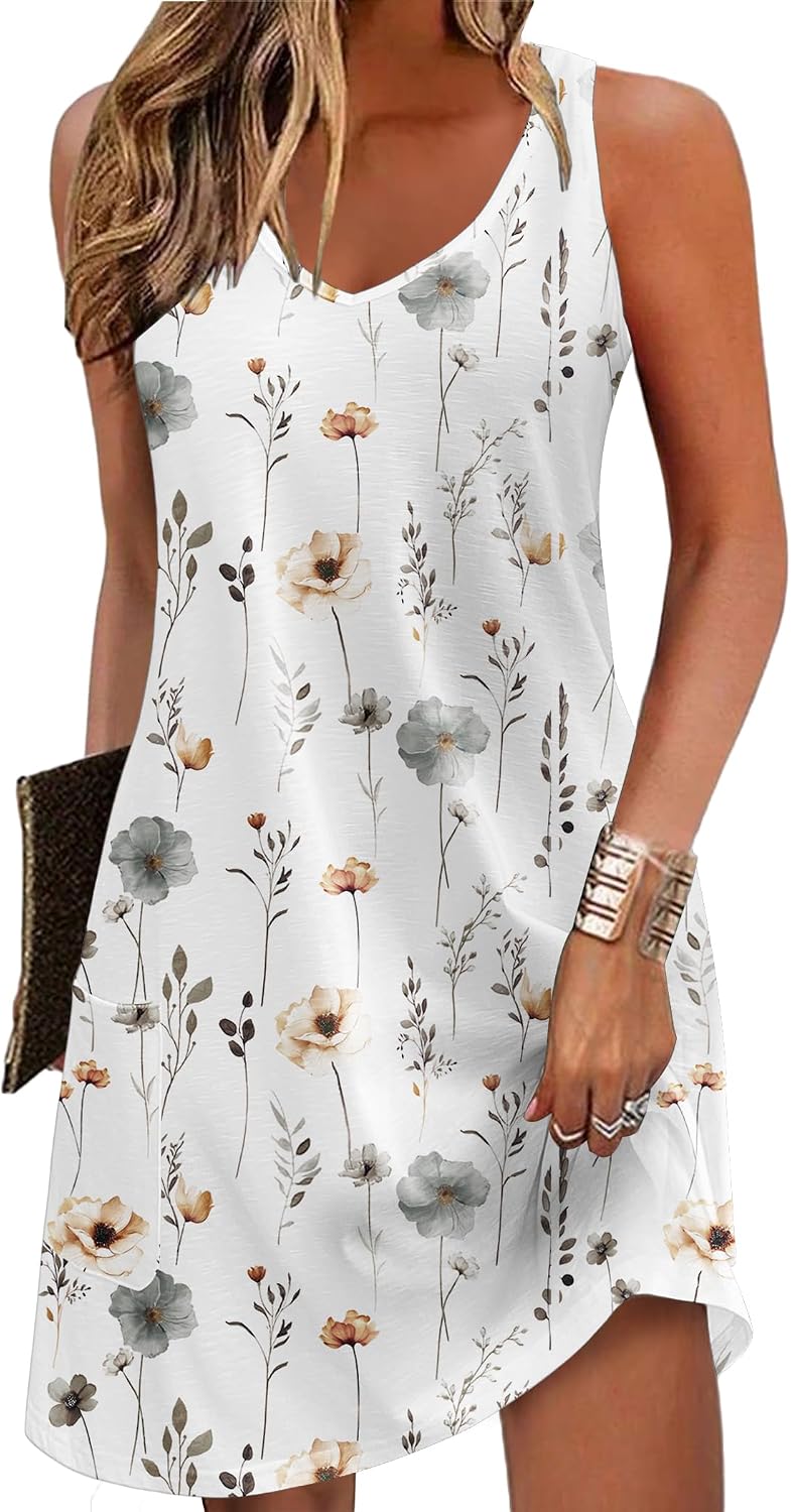 Womens Summer Dress Loose V Neck Sleeveless Sundresses Swimsuit Coverup with Pockets Floral Tank Dresses