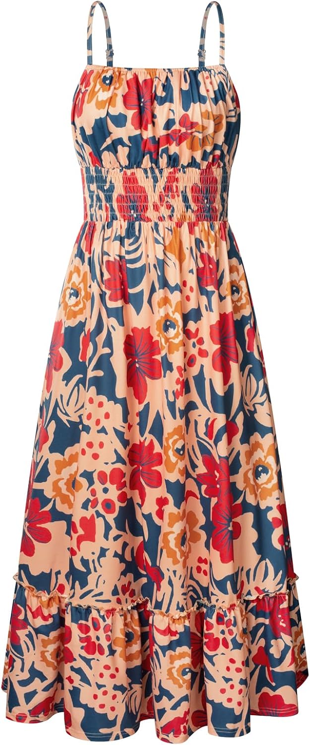 Summer Dresses for Women Vacation Smocked Floral Maxi Dress Boho Beach Sundress with Pocket Fashion Clothing