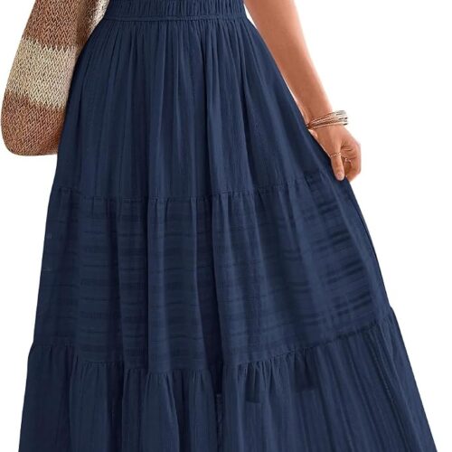 Womens Summer Casual Midi Maxi Dresses Lightweight Short Sleeve V Neck Elastic Waist Boho Beach Dress Pockets