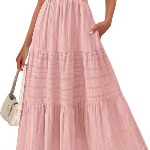 Women's Spring Boho Spaghetti Strap Dress Casual Sleeveless Smocked A Line Beach Sundress Long Maxi Dresses