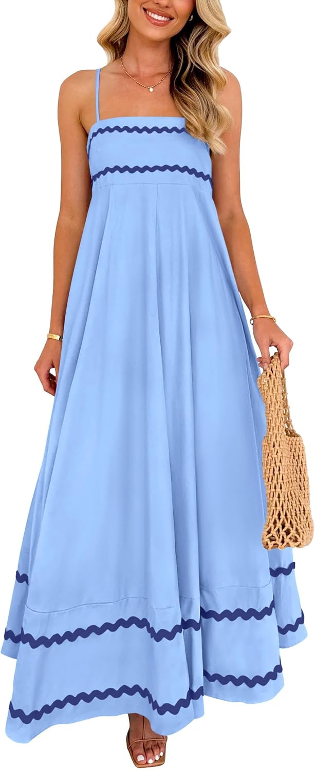 Women's Summer Flowy Maxi Dress Casual Sleeveless Spaghetti Strap Ruffle Beach Long Dresses
