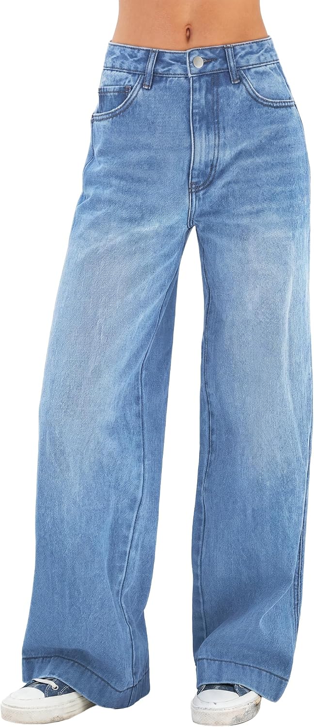 Women's Wide Leg Jeans Distress High Waist Stretchy Denim Pants Y2K Trousers Clothing