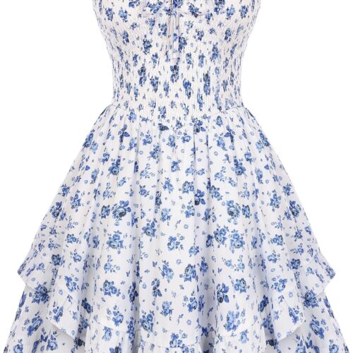 Smocked Floral Sundresses for Women Teens Summer Flowy Ruffle Mini Dress