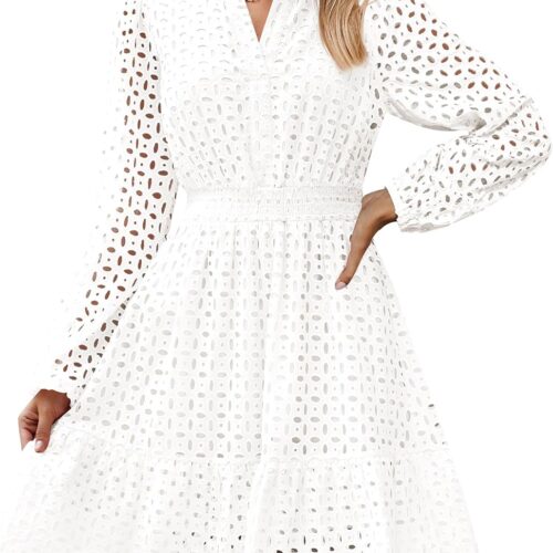 Women's Long Sleeve Mini Dress Fall V Neck Hollow Out Eyelet Embroidery Ruffle A Line Swing Short Dresses
